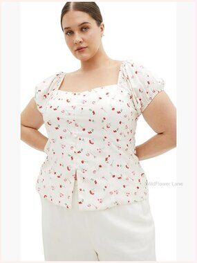 V-Neck Floral Peasant Top with Drawstring Tie